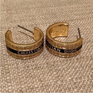 Christian Dior Gold-Tone Hoop Earrings with Black Enamel Band